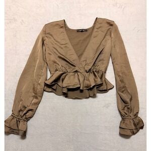 OLIVACEOUS Satin Peplum V-Neck Long Sleeve Blouse Whimsigoth witchy Y2K